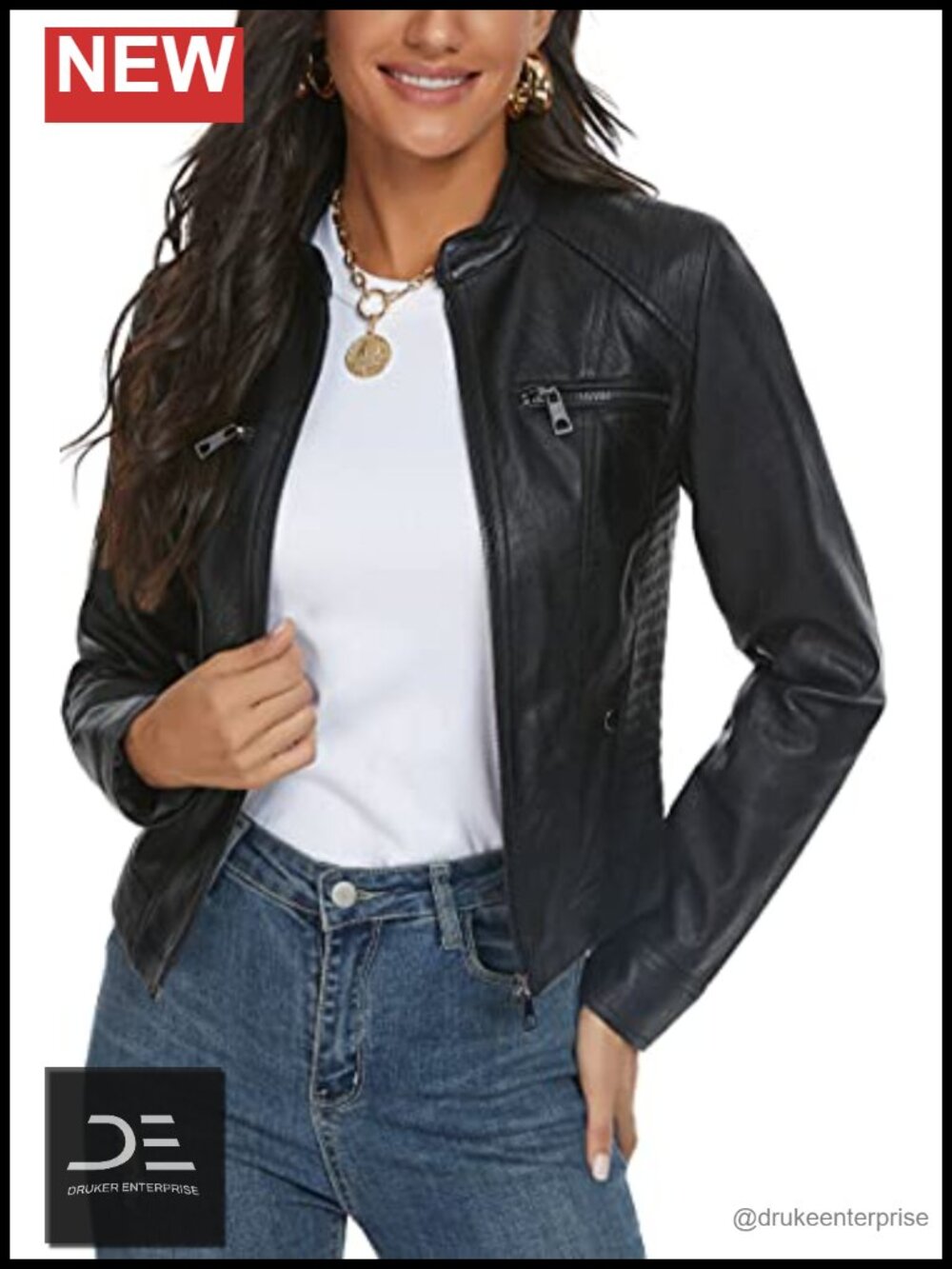 Faux Leather Jacket Women Moto Biker Slim Stand Collar M Medium